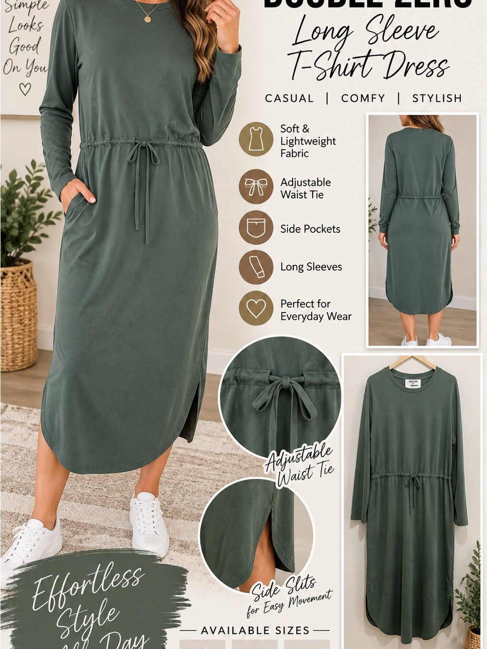 Double Zero Sage Green Long Sleeve T-Shirt Dress with Adjustable Tie